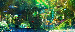 Enchanted Overgrown Village Scene With Lush Greenery And Magical Lanterns HD wallpaper