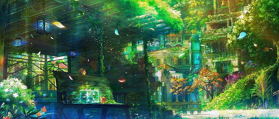 Enchanted Overgrown Village Scene With Lush Greenery And Magical Lanterns HD wallpaper
