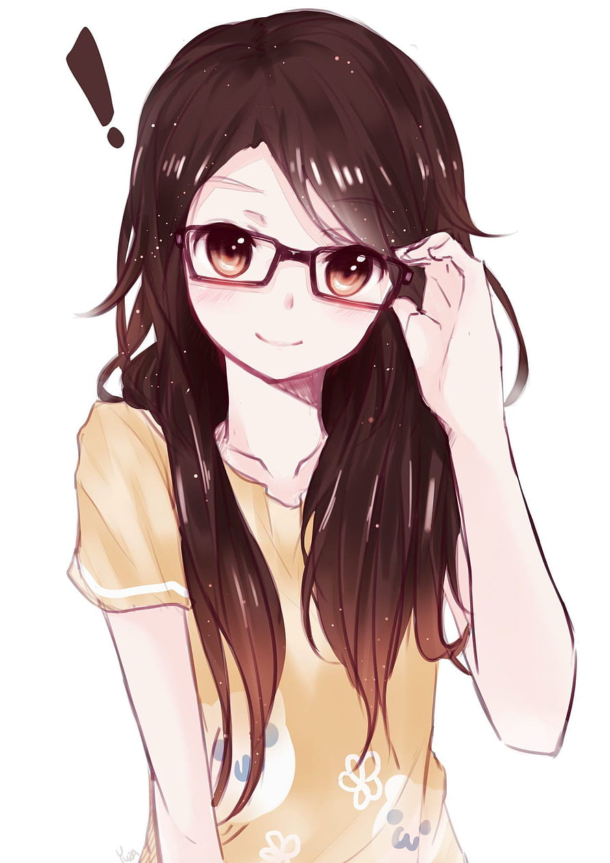 Anime Girl With Glasses And Long Brown Hair In Yellow Floral Top HD phone wallpaper