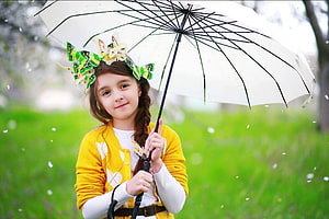 Cute Girl With Butterfly Headband Holding White Umbrella In Spring Park HD wallpaper