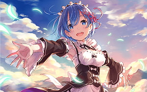 Rem from Re Zero Starting Life in Another World anime character reaching out with glowing feathers against a sunset sky HD wallpaper