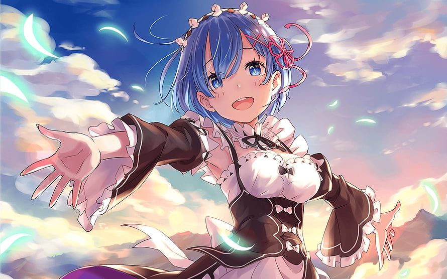 Rem from Re Zero Starting Life in Another World anime character reaching out with glowing feathers against a sunset sky HD wallpaper