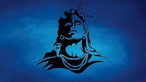 Mahakal Shiva Silhouette Portrait With Crescent Moon And Blue Background HD wallpaper