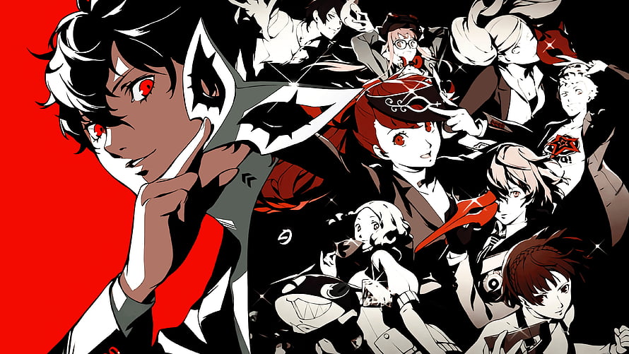 Persona 5 Royal Ensemble Cast Artwork with Joker and Phantom Thieves in Bold Red and Black Style HD wallpaper