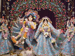 Radha Krishna Idol in Blue Floral Attire with Garlands and Floral Arch HD wallpaper