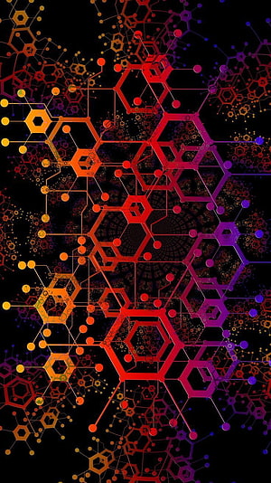 Vibrant Hexagonal Molecular Network with Neon Gradient on Black Background HD phone wallpaper