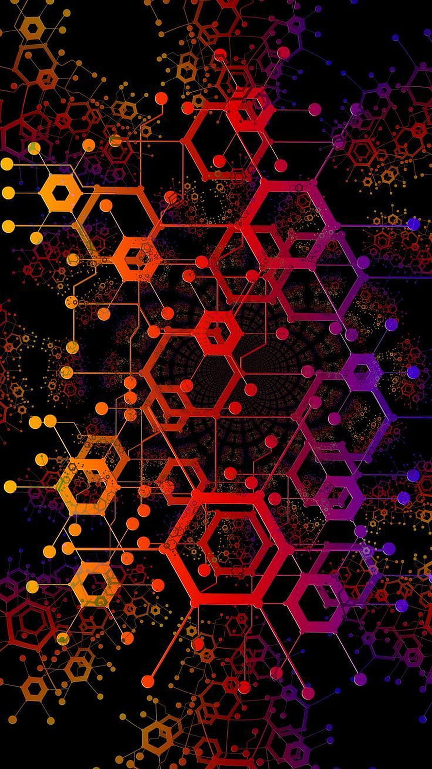 Vibrant Hexagonal Molecular Network with Neon Gradient on Black Background HD phone wallpaper