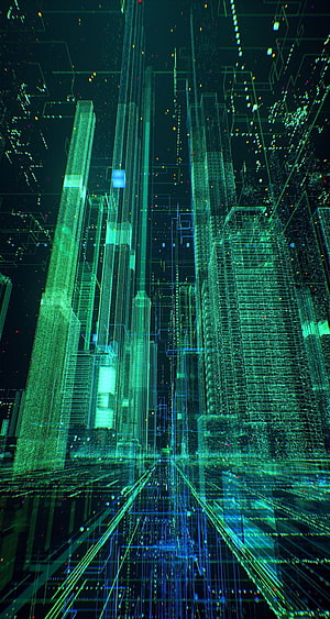 Futuristic Digital Cityscape With Glowing Green Wireframe Skyscrapers And Cyberpunk Data Streams HD phone wallpaper