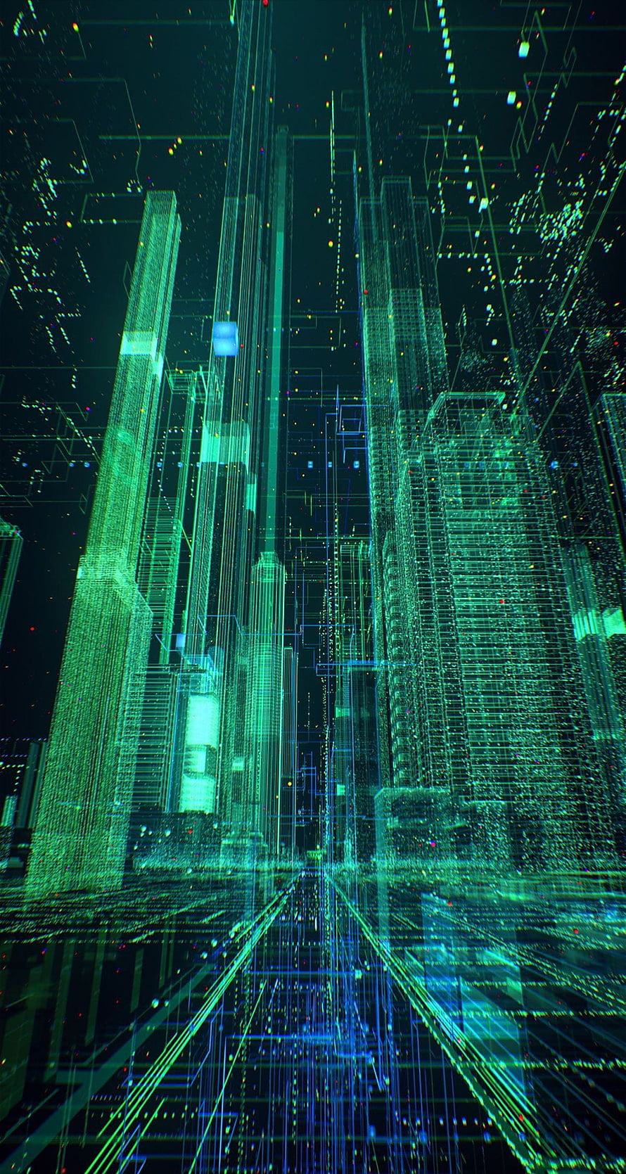 Futuristic Digital Cityscape With Glowing Green Wireframe Skyscrapers And Cyberpunk Data Streams HD phone wallpaper