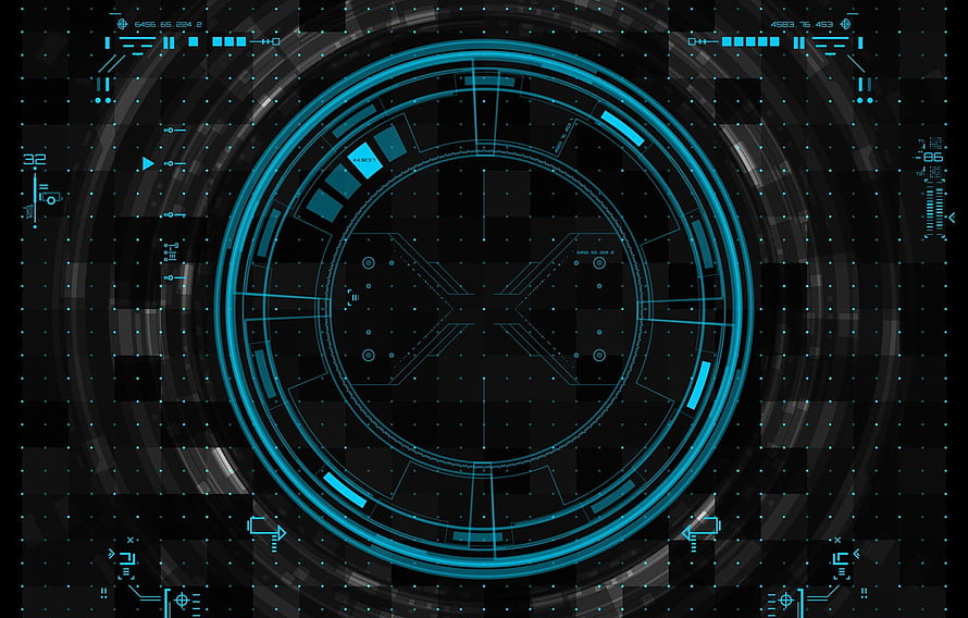 Futuristic Cyan HUD Interface with Circular Radar Display and Digital Grid Overlay HD wallpaper