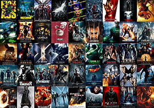 Grid collage of classic superhero movie posters featuring Spider-Man, X-Men, Hulk, and Batman, Movie Poster, mix of movies HD wallpaper