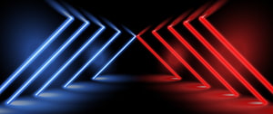 Abstract Neon Light Arrows in Blue and Red on a Dark Stage Background HD wallpaper