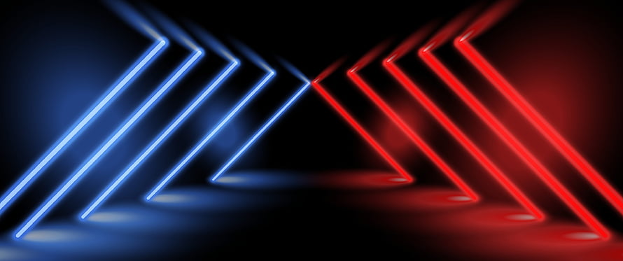 Abstract Neon Light Arrows in Blue and Red on a Dark Stage Background HD wallpaper