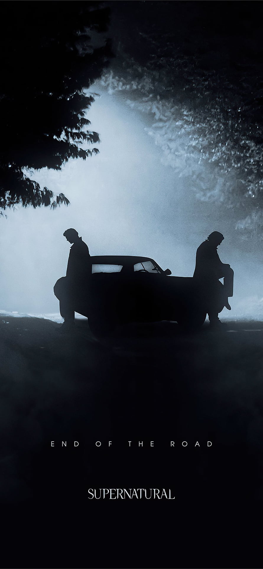Supernatural End of the Road Silhouette Wallpaper with Vintage Car and Misty Forest HD phone wallpaper