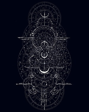 Intricate Sacred Geometry Line Art with Celestial Moon Phases and Constellation Patterns on Dark Background HD phone wallpaper