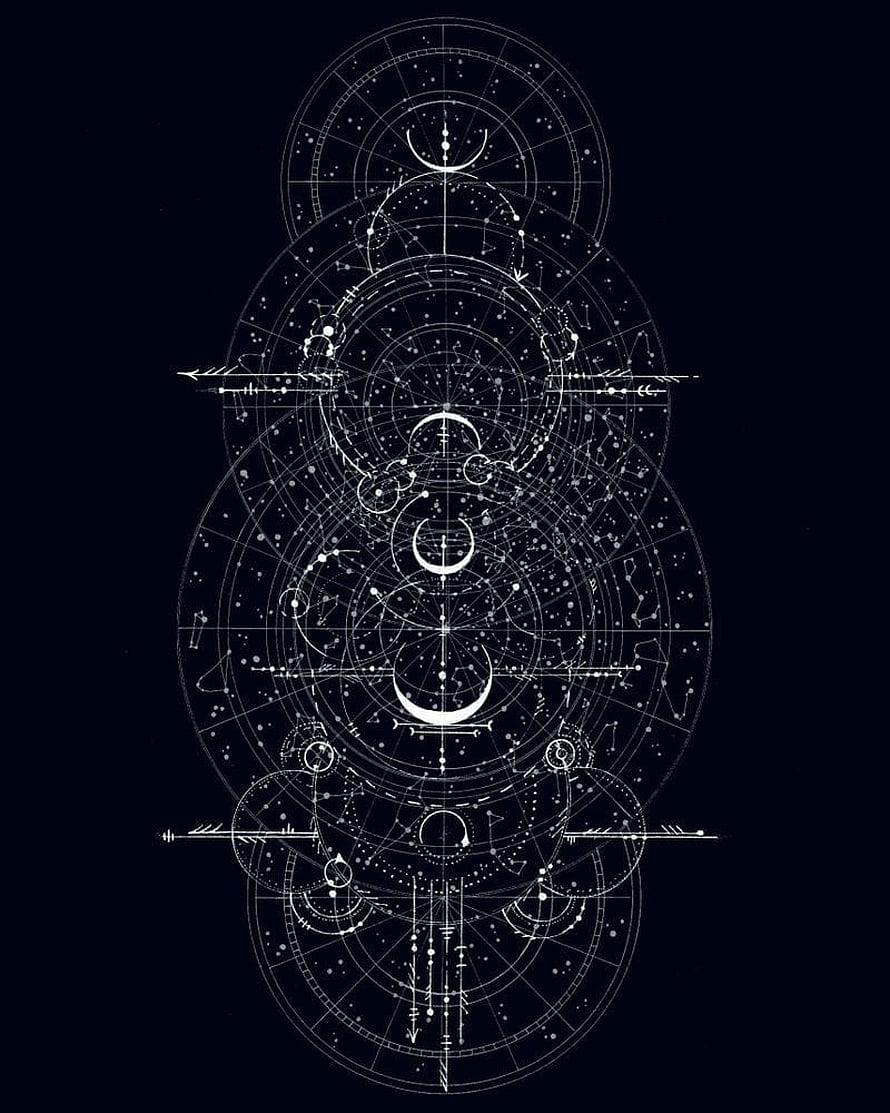 Intricate Sacred Geometry Line Art with Celestial Moon Phases and Constellation Patterns on Dark Background HD phone wallpaper