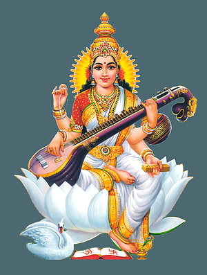 Saraswati Goddess Playing Veena on Lotus with Swan and Holy Books HD phone wallpaper