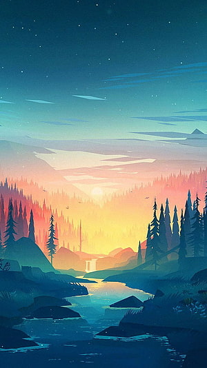 Minimalist Vector Landscape with River, Pine Forest, and Sunset Sky HD phone wallpaper