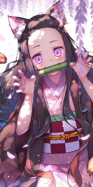 Nezuko Kamado in Cat Ears Holding Bamboo Cuff Under Cherry Blossoms HD phone wallpaper