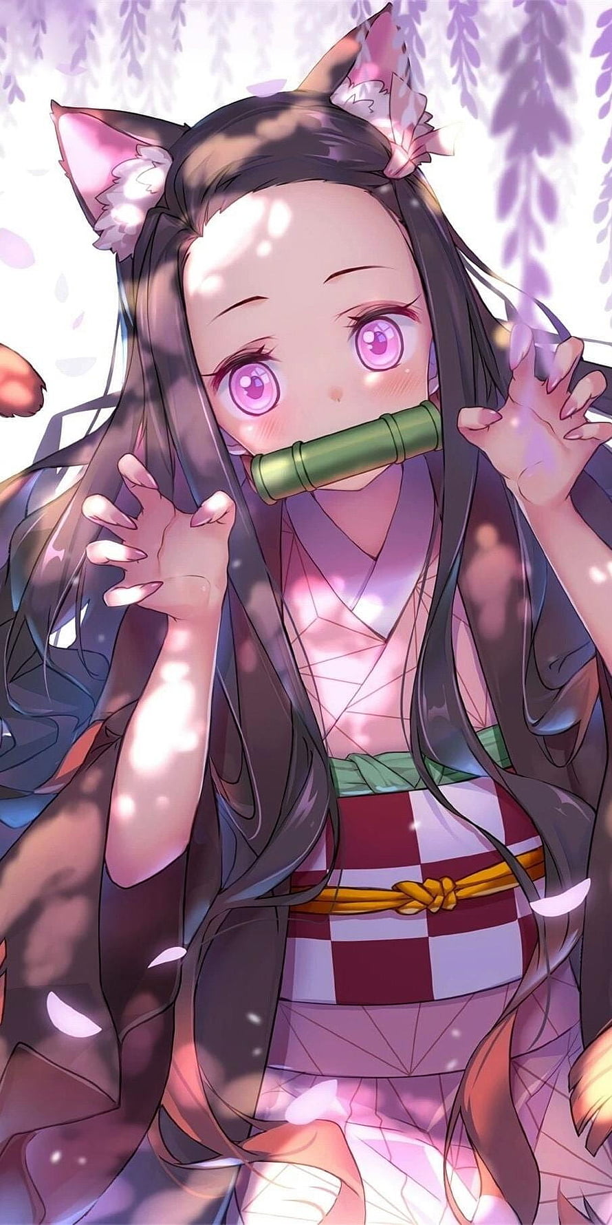 Nezuko Kamado in Cat Ears Holding Bamboo Cuff Under Cherry Blossoms HD phone wallpaper