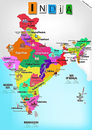 Colorful Illustrated Map of India Showing States, Capitals, and Famous Landmarks HD phone wallpaper