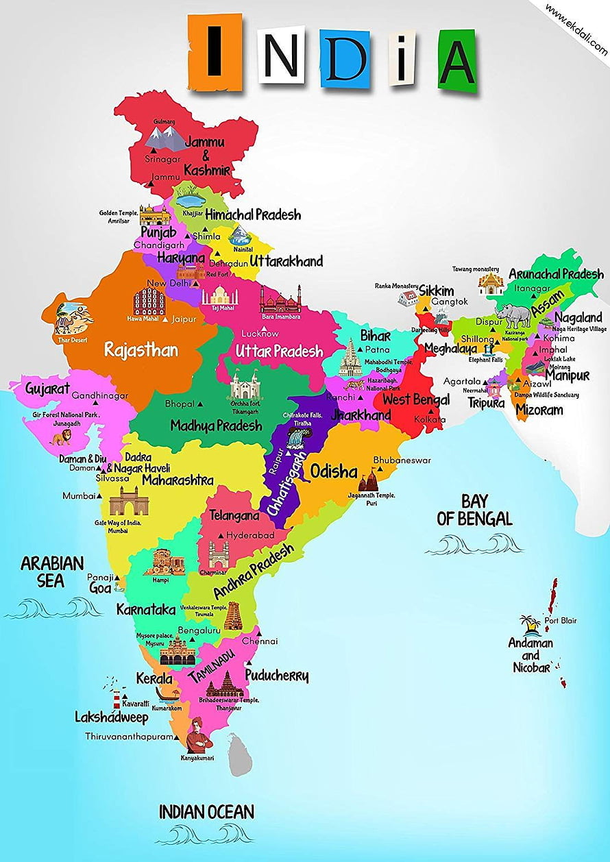 Colorful Illustrated Map of India Showing States, Capitals, and Famous Landmarks HD phone wallpaper