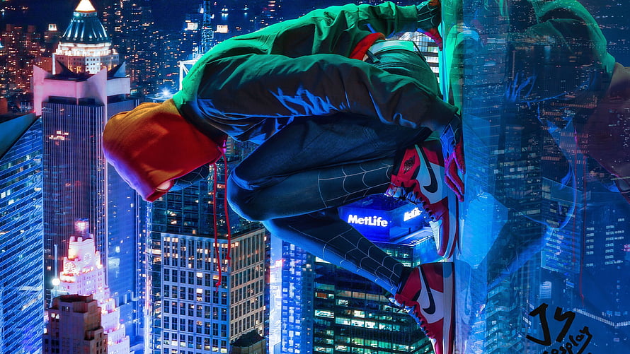 Miles Morales Spider-Man Crouched on Glass Skyscraper at Night, Miles Morales Spiderman Cosplay superheroes , spiderman into the spider verse , …, spider man miles morales ultra HD wallpaper