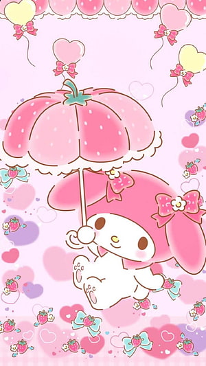 My Melody Holding a Strawberry Umbrella in a Cute Pink Kawaii Illustration HD phone wallpaper
