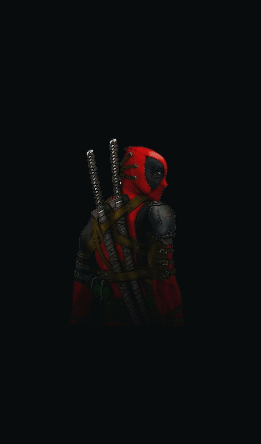 Deadpool in Tactical Gear with Dual Katanas Against a Dark Background HD phone wallpaper