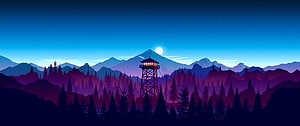 Firewatch Fire Tower at Night with Moonlit Mountain Range and Pine Forest HD wallpaper