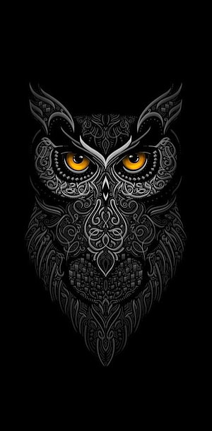 Intricate Tribal Owl Face With Glowing Yellow Eyes On Black Background HD phone wallpaper