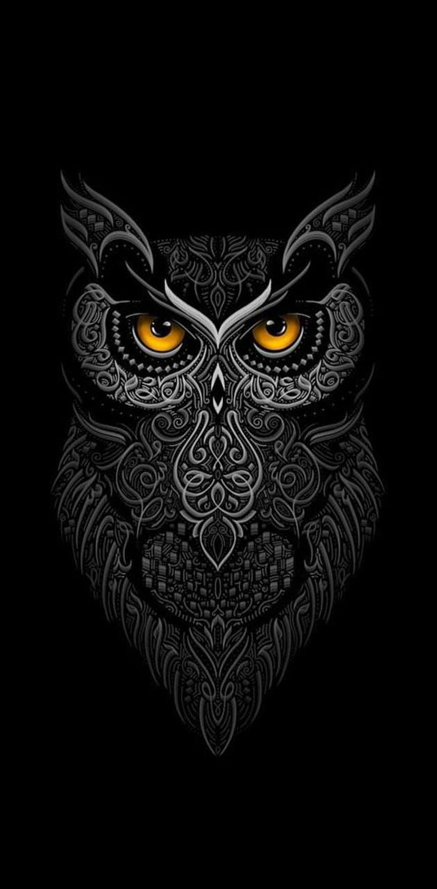 Intricate Tribal Owl Face With Glowing Yellow Eyes On Black Background HD phone wallpaper