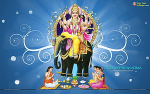 Lord Vishwakarma riding an elephant with devotees praying in a vibrant blue digital illustration HD wallpaper
