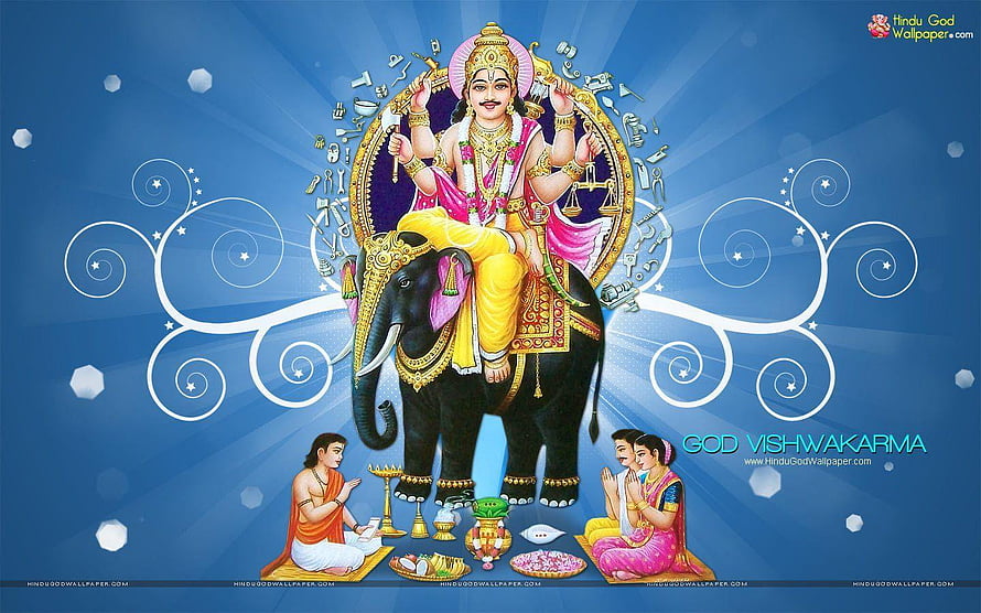 Lord Vishwakarma riding an elephant with devotees praying in a vibrant blue digital illustration HD wallpaper