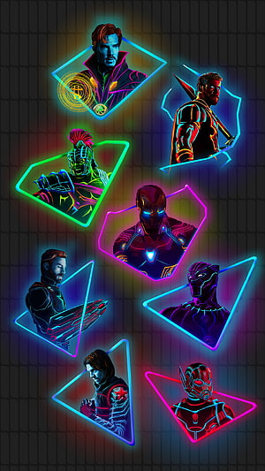 Neon Marvel Heroes Thor Iron Man Captain America Black Panther Digital Art, Neon Marvel, thor amoled HD phone wallpaper