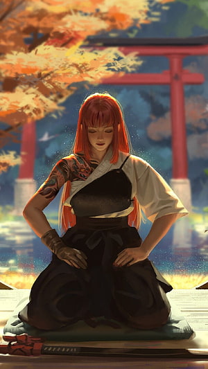Red-Haired Woman in Traditional Japanese Attire Kneeling Before a Torii Gate, Asian Warrior Samurai Girl, #samurai girl HD phone wallpaper