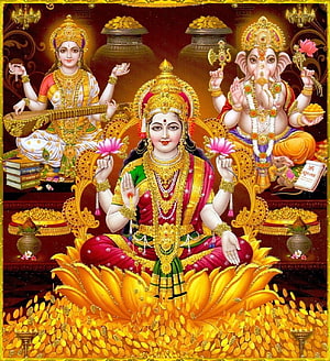 Lakshmi Narayana and Ganesha Hindu Deities Sitting on Lotus with Gold Coins HD phone wallpaper