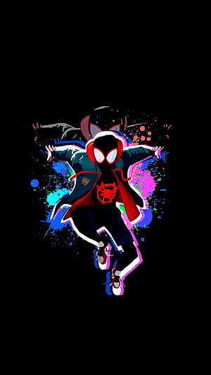 Miles Morales Spider-Man in Hoodie with Neon Paint Splatter Art, Amoled Miles Morales HD phone wallpaper