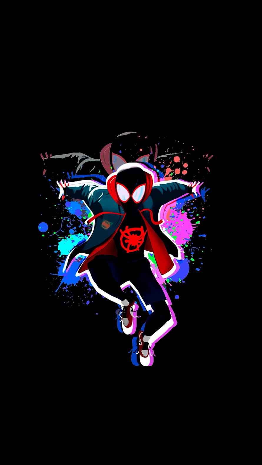 Miles Morales Spider-Man in Hoodie with Neon Paint Splatter Art, Amoled Miles Morales HD phone wallpaper