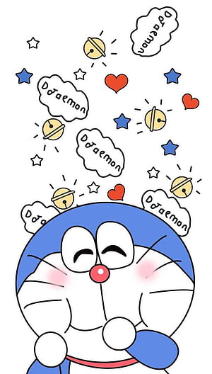 Cute Doraemon Cartoon Illustration with Stars, Hearts, and Speech Bubbles HD phone wallpaper