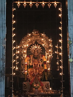 Kamakshi Devi Temple Idol Illuminated by Hanging Oil Lamps and Floral Garlands HD phone wallpaper