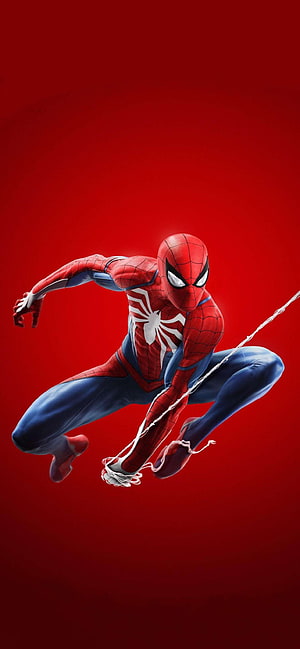 Spider-Man in Action Posing with Web on Red Background, Spiderman 11 Pro Max, spider man 12 HD phone wallpaper