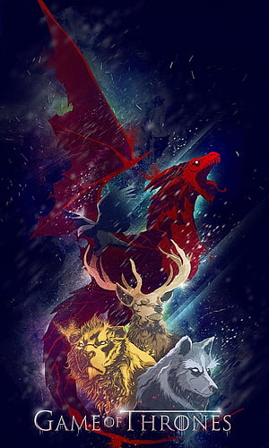 Game of Thrones Fantasy Art Featuring Dragon, Stag, Lion, and Wolf Against a Dark Starry Sky HD phone wallpaper
