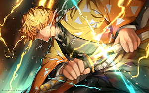 Zenitsu Agatsuma Unleashing Thunder Breathing in Demon Slayer Anime Artwork HD wallpaper