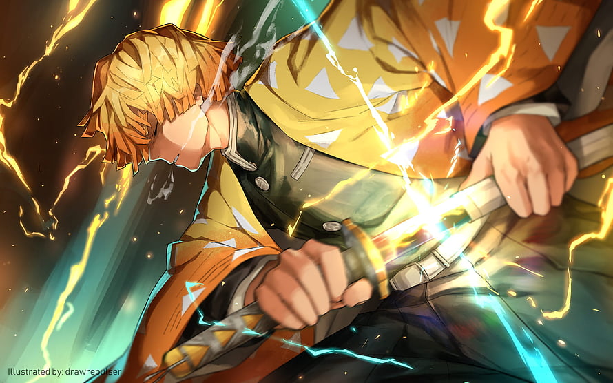Zenitsu Agatsuma Unleashing Thunder Breathing in Demon Slayer Anime Artwork HD wallpaper