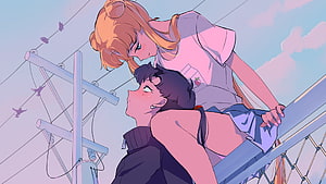 Sailor Moon and Usagi in a Tender Moment on a Suspension Bridge HD wallpaper