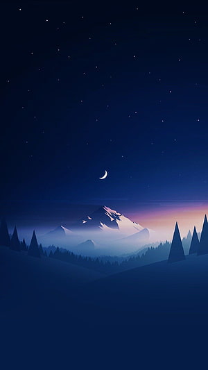 Minimalist Night Mountain Landscape With Crescent Moon And Starry Sky HD phone wallpaper