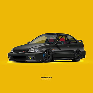 Stylized Black Honda Civic Si Coupe Digital Illustration on Yellow Background HD phone wallpaper