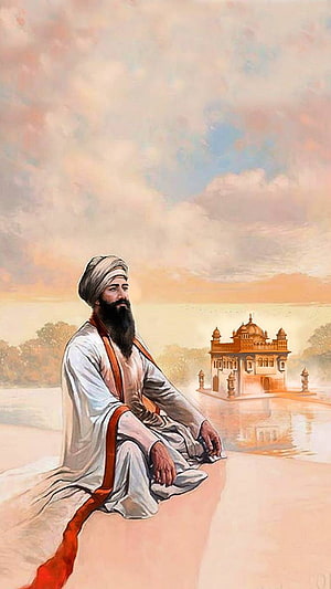 Guru Tegh Bahadur Ji Portrait with Temple and Water Reflection HD phone wallpaper