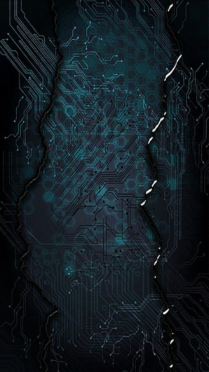 Dark Circuit Board Texture with Torn Paper Edge and Glowing Blue Traces HD phone wallpaper